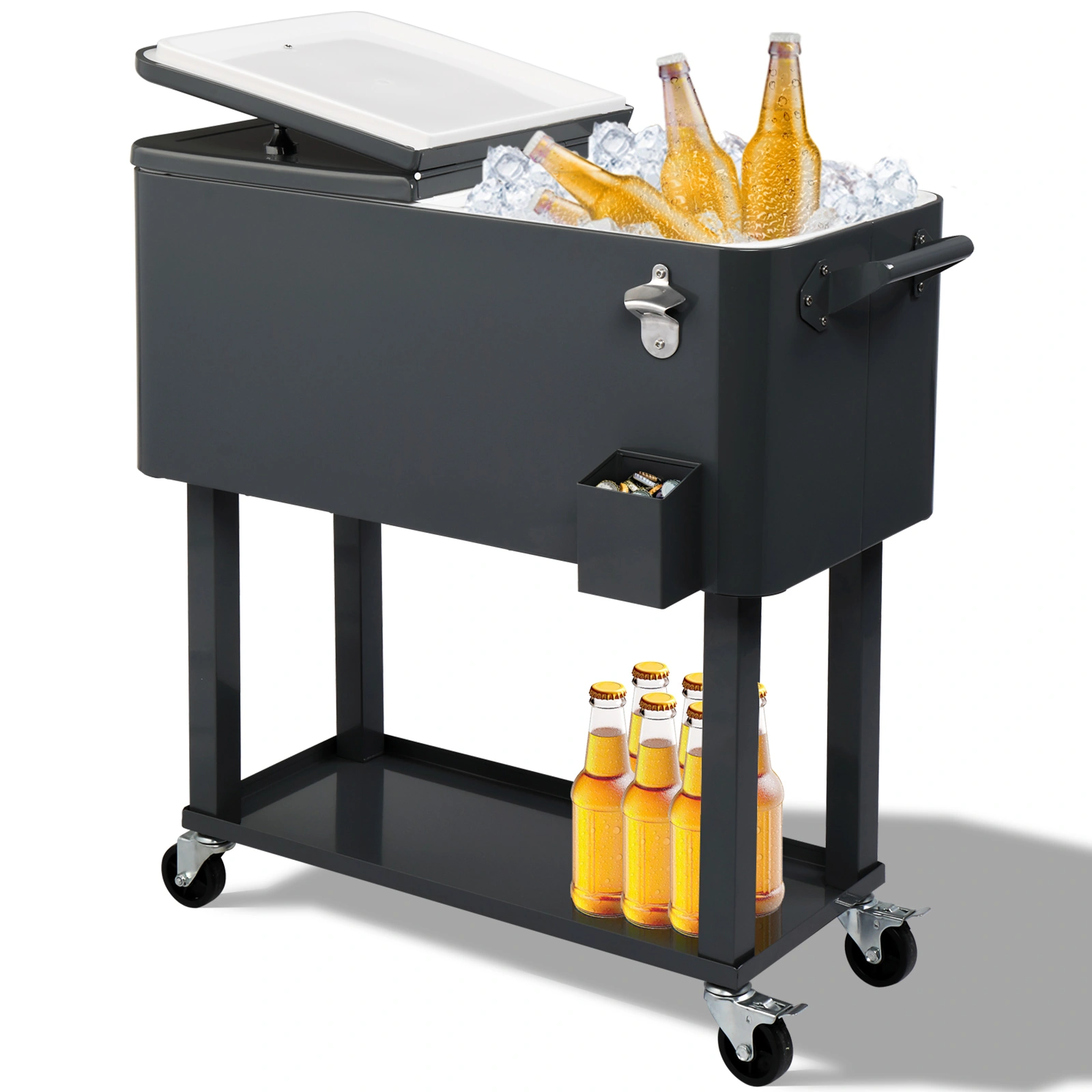 80QT Dark Grey Rolling Cooler Cart 34.4 x 35.8 x 15.2 Inch Rectangular Insulated Ice Chest Plastic Steel Legs
