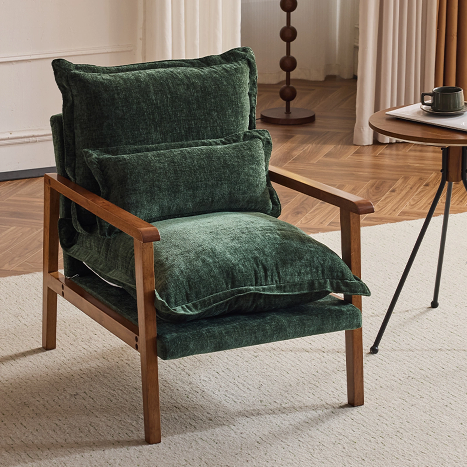 Cloud Lounge Chair with Solid Wood Armrest & Frame, Chenille Fabric Accent Chair with Lumbar Pillow, Dark Green
