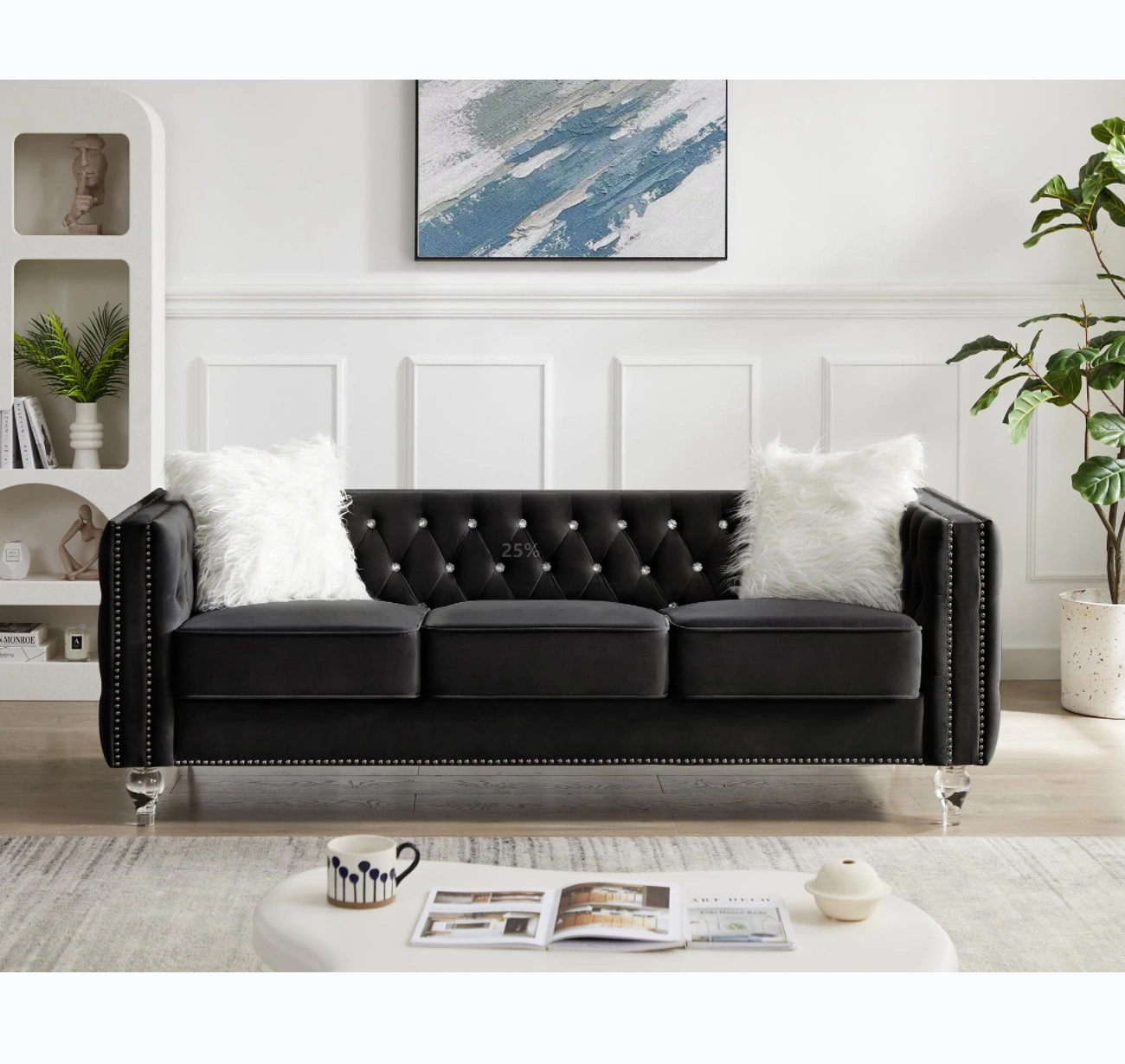 Black Velvet 3-Seater Sofa with Crystal Buckle Detail, Crystal Hairpin Legs, Removable Cushions & 2 Plush Pillows