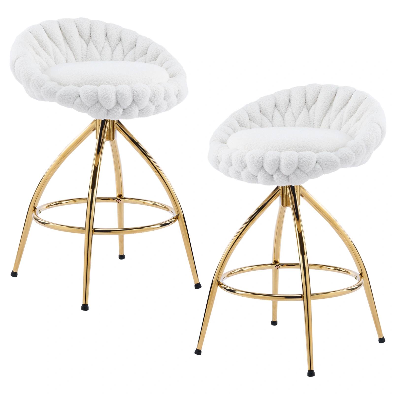 2PCS Teddy Velvet Gold Bar Stools with Iron Feet, Swivel Weaving Style, White Seat