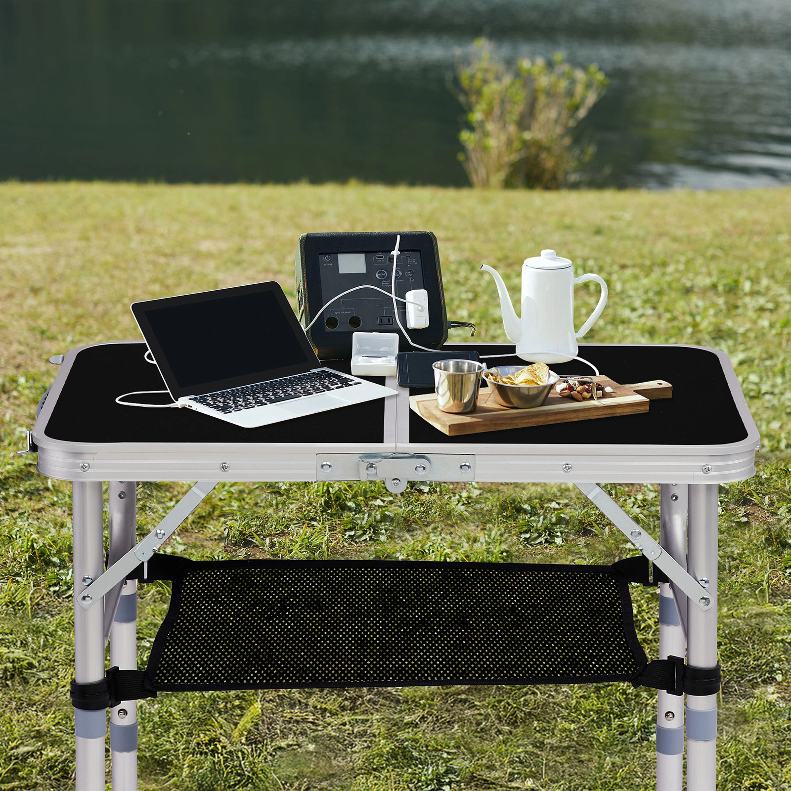 2ft Aluminum Folding Camping Table, Portable Outdoor Picnic Table with 3 Adjustable Heights, Lightweight Foldable Side Table with Carry Handle, Black for Hiking BBQ Beach Patio view 4