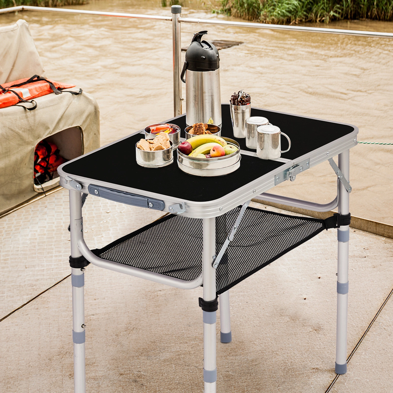 2ft Aluminum Folding Camping Table, Portable Outdoor Picnic Table with 3 Adjustable Heights, Lightweight Foldable Side Table with Carry Handle, Black for Hiking BBQ Beach Patio view 5