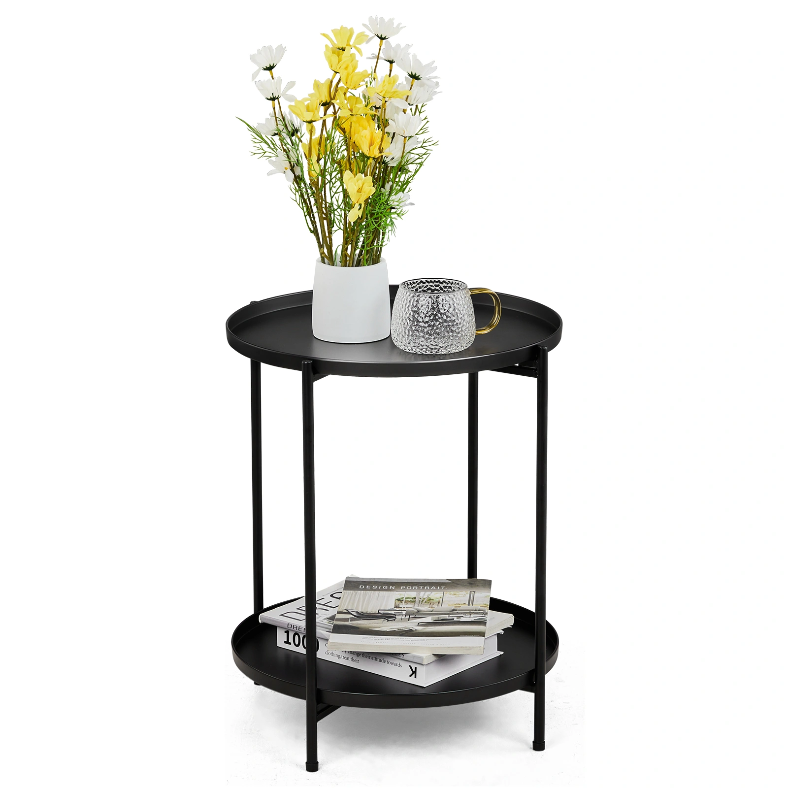 2-Tier Metal Round Patio Side Table with Removable Tray, Weather Resistant End Table for Garden Balcony Yard, Black