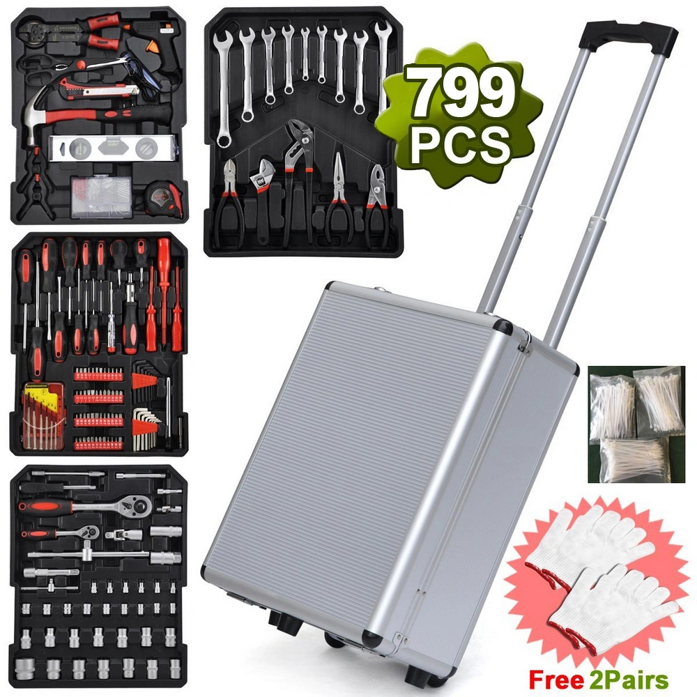 799pcs Aluminum Tool Set in Trolley Case, Silver Finish, Complete Mechanic Wrench & Socket Kit with Organizer view 2