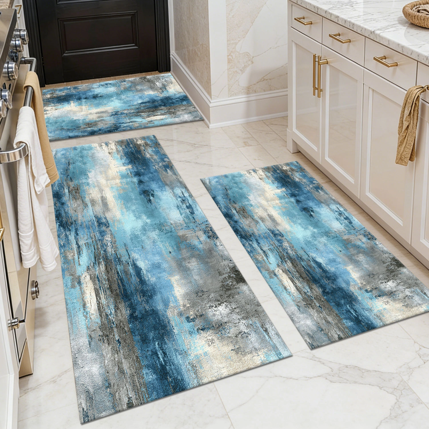 3-Piece Kitchen Rug Set, Non-Slip Washable Abstract Floor Mat, Soft Anti-Fatigue Runner for Sink, Entryway, Hallway, Bathroom