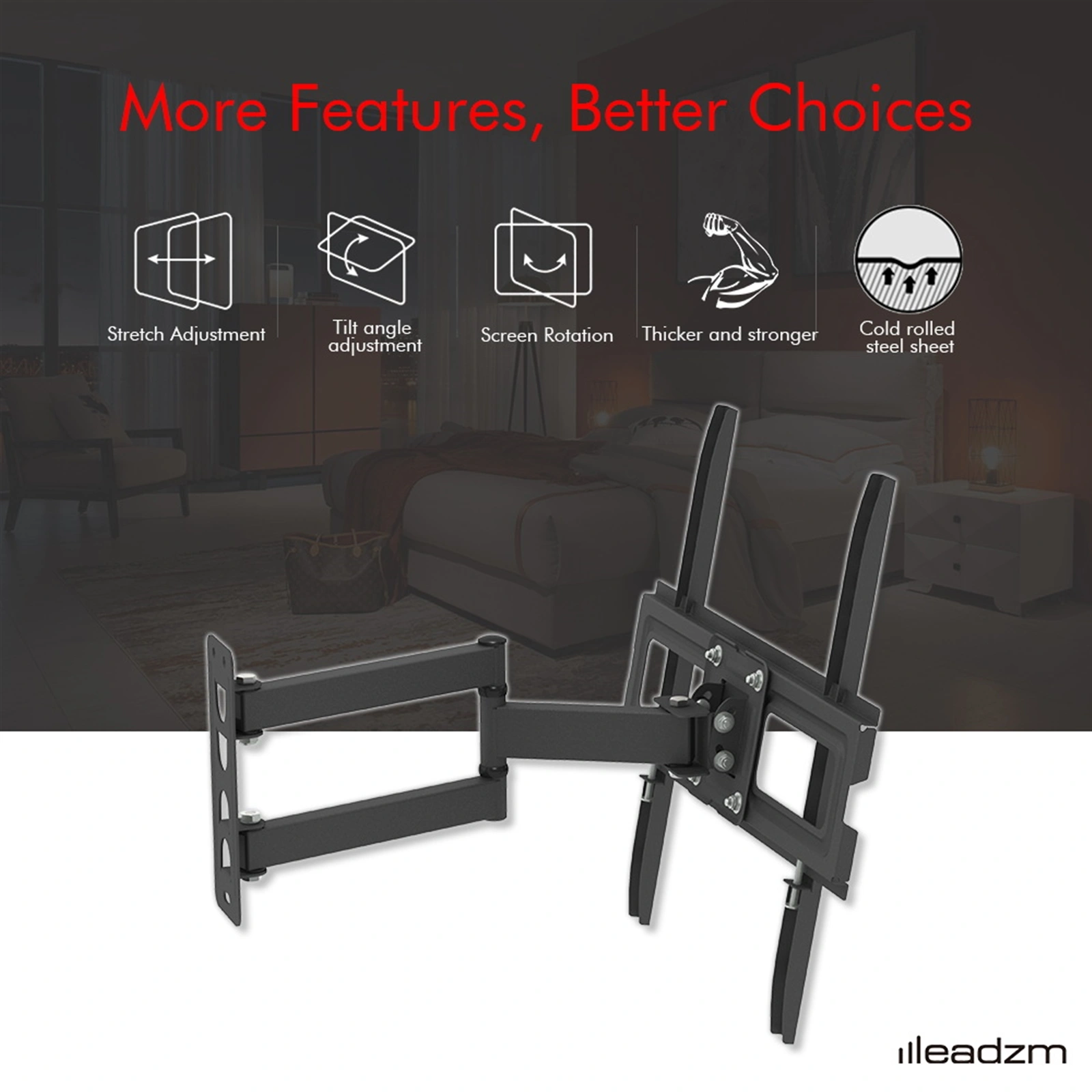 Tmxd-103 TV Stand for 32-65" Screens, Single Pendulum Design, 35KG Weight Bearing, VESA 400x400, Tilt -10° to 10°, Up and Down Adjustment view 12