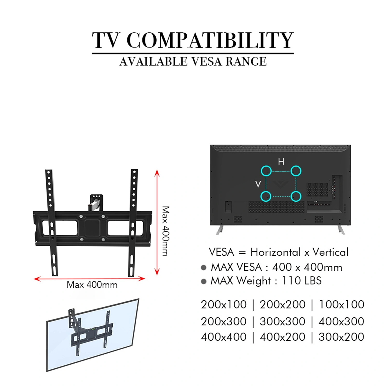 Tmxd-103 TV Stand for 32-65" Screens, Single Pendulum Design, 35KG Weight Bearing, VESA 400x400, Tilt -10° to 10°, Up and Down Adjustment view 15