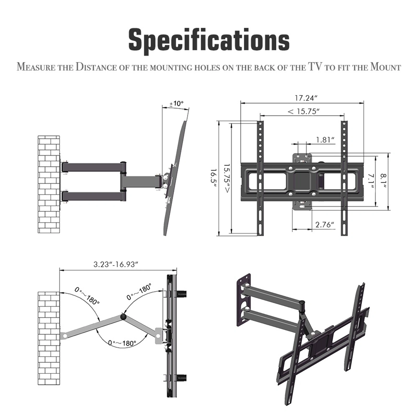 Tmxd-103 TV Stand for 32-65" Screens, Single Pendulum Design, 35KG Weight Bearing, VESA 400x400, Tilt -10° to 10°, Up and Down Adjustment view 16