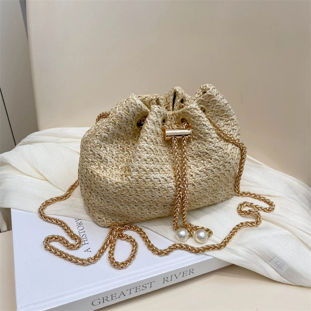 Ladies Mini Straw Woven Bucket Crossbody Bag Pearl Drawstring Shoulder Purse Gold Chain Beach Vacation Bag