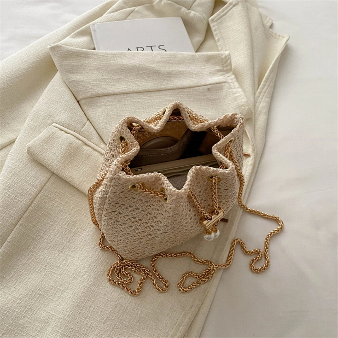 Ladies Mini Straw Woven Bucket Crossbody Bag Pearl Drawstring Shoulder Purse Gold Chain Beach Vacation Bag view 4