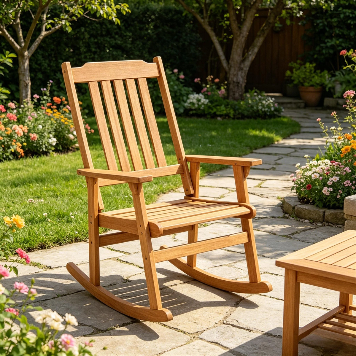 Solid Acacia Wood Rocking Chair, Heavy Duty 400LBS Outdoor Porch Rocker with Slatted Back for Garden Deck Patio
