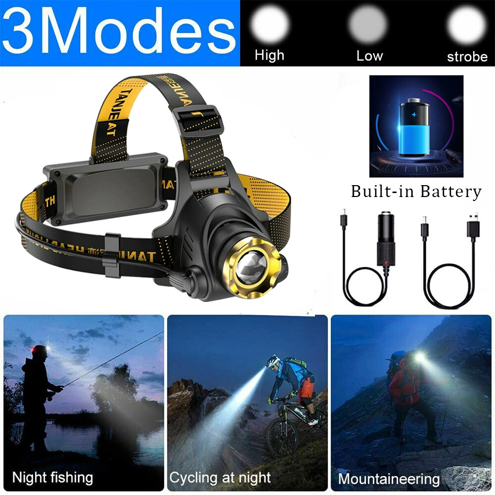 USB Rechargeable LED Headlamp 3-Mode Adjustable Headlight with Car Charger & USB Cable for Camping Hiking