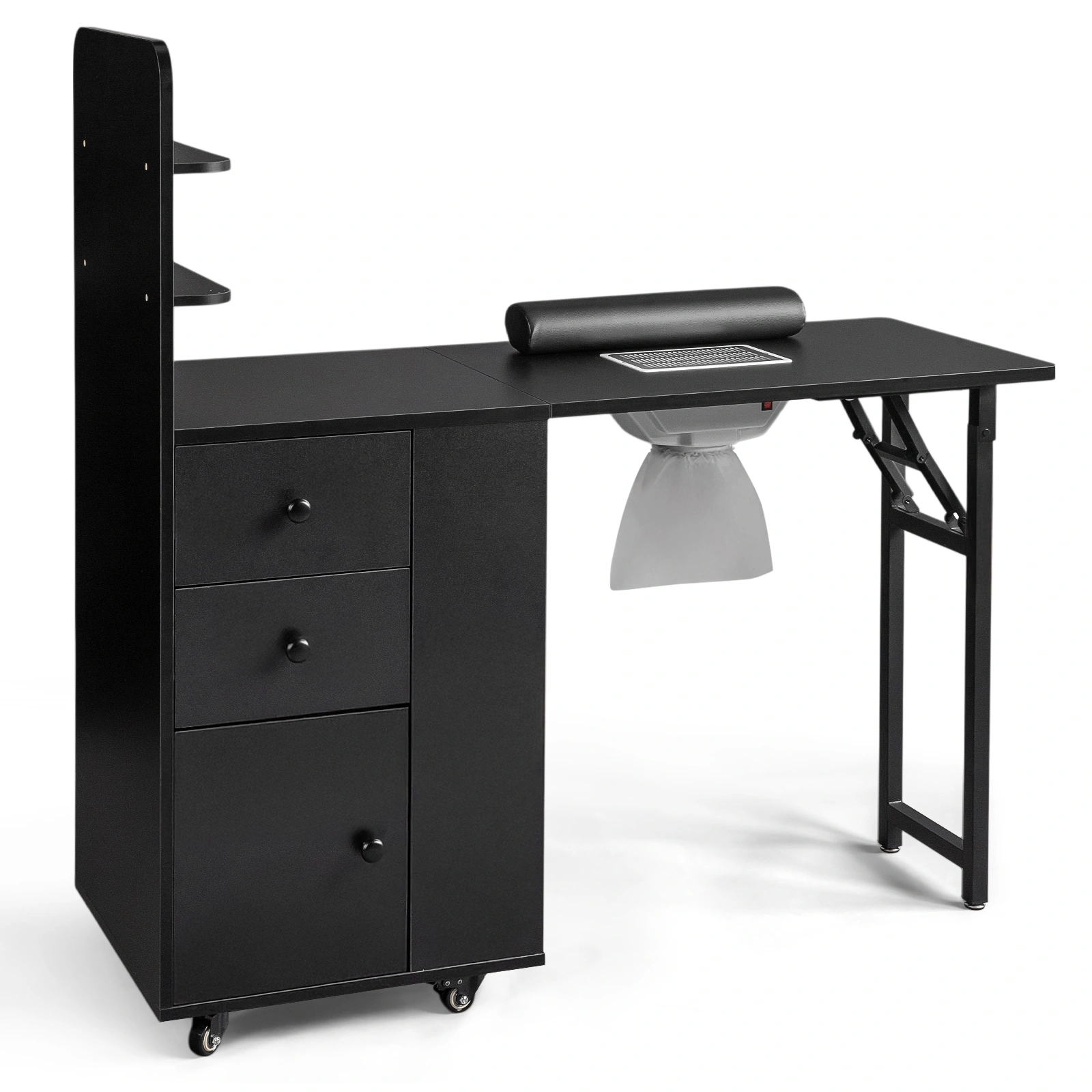 Black MDF Folding Nail Desk with 2 Drawers Cabinet Door & Storage Shelf for Manicure Station