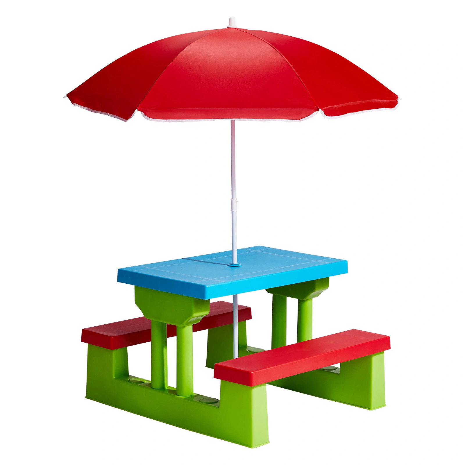 Kids Outdoor Table and Chair Set with Removable Umbrella, Picnic Table for Backyard Garden Patio, Red Blue Green