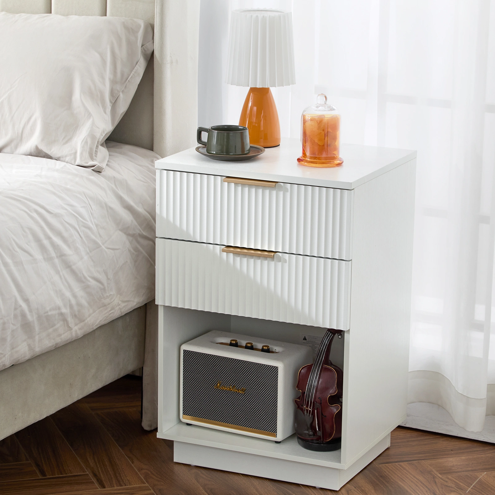 White 2-Drawer Bedside Cabinet P2 Density Board Wavy Pattern Front Design