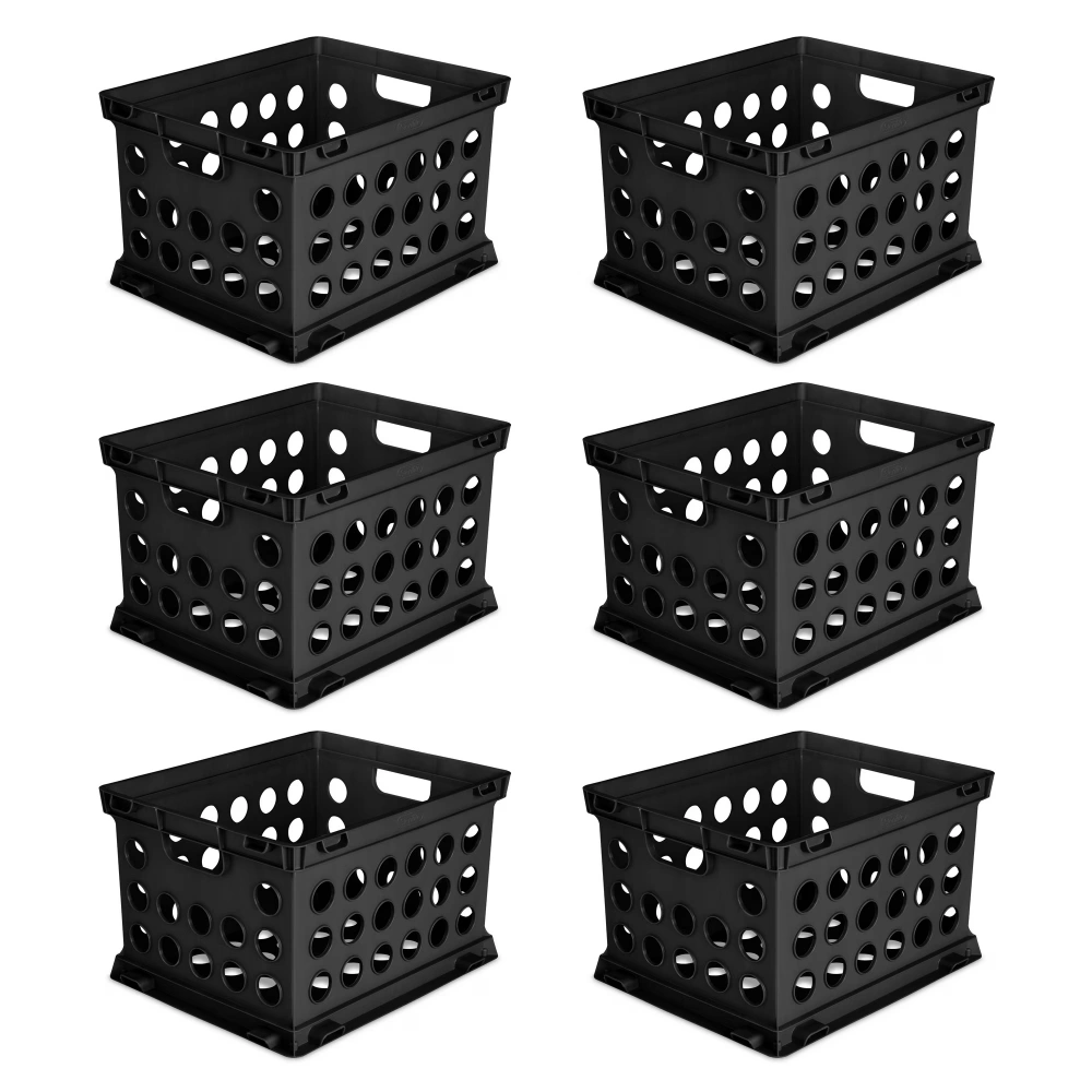 File Crate Storage Bin, Plastic Stackable Hanging File Box with Through Handles, Fits Letter & Legal Size, Black, 6 Pack