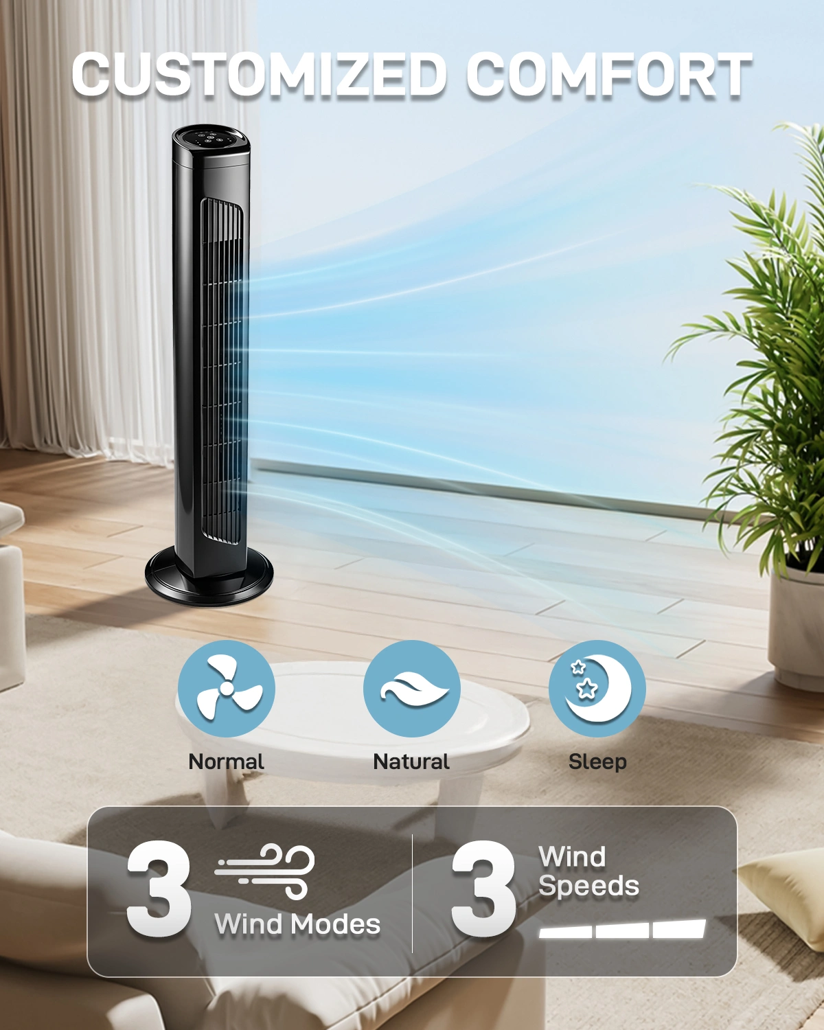 US Standard RTW-AR Tower Fan 32 Inch, 110V 45W Column Fan with Remote & Touch Control, Black, 3 Speeds, 3 Wind Modes, Oscillating, 7.5H Timer, Copper Motor for Home view 17