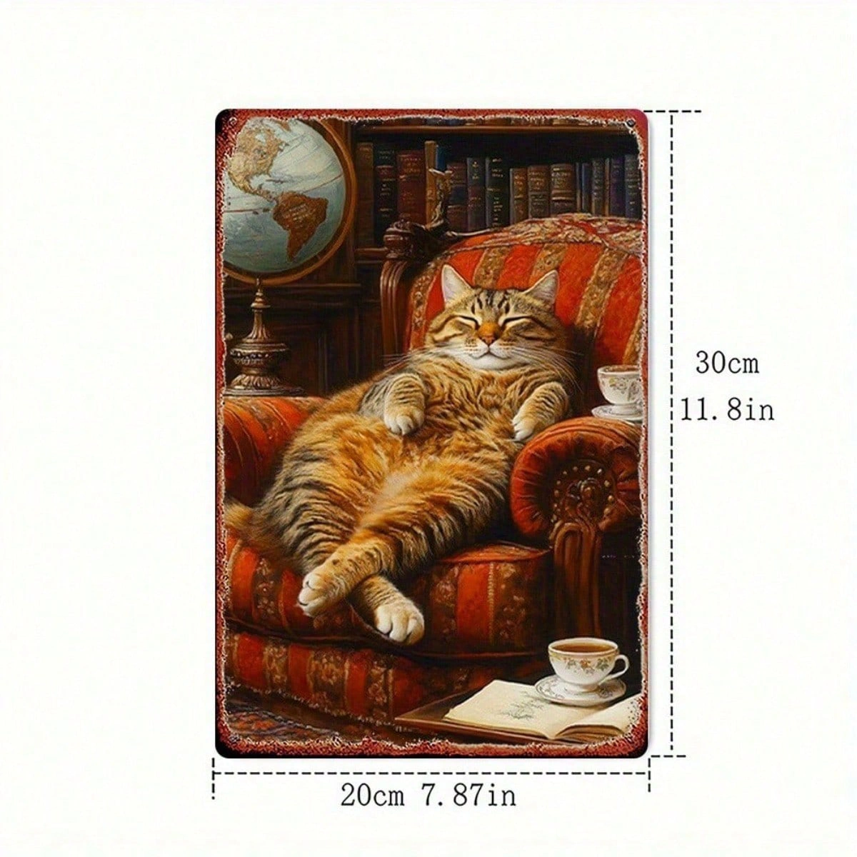 Vintage Cat in Armchair Metal Wall Art 8" Rustic Iron Hanging Decor, 2D Retro Home Wall Sign with Bookshelf Teacup - CIFbuy