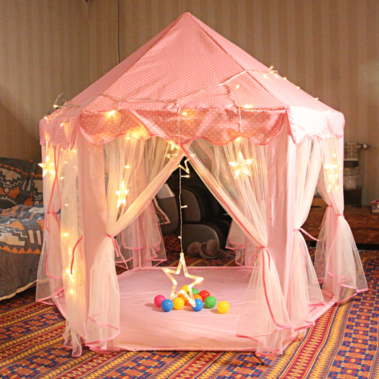 Foldable Princess Play Castle Tent for Girls, Large Indoor Outdoor Playhouse with Breathable Mesh Doors, Pink