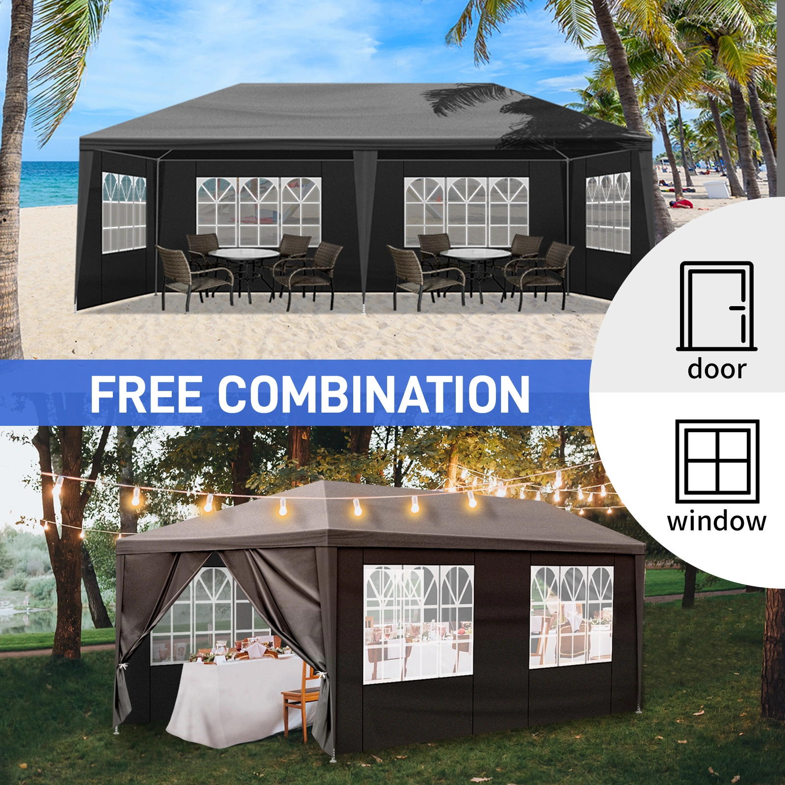 10x20 Outdoor Party Tent with 6 Removable Sidewalls - Waterproof Gazebo Canopy for Patio Wedding Event, Black view 14