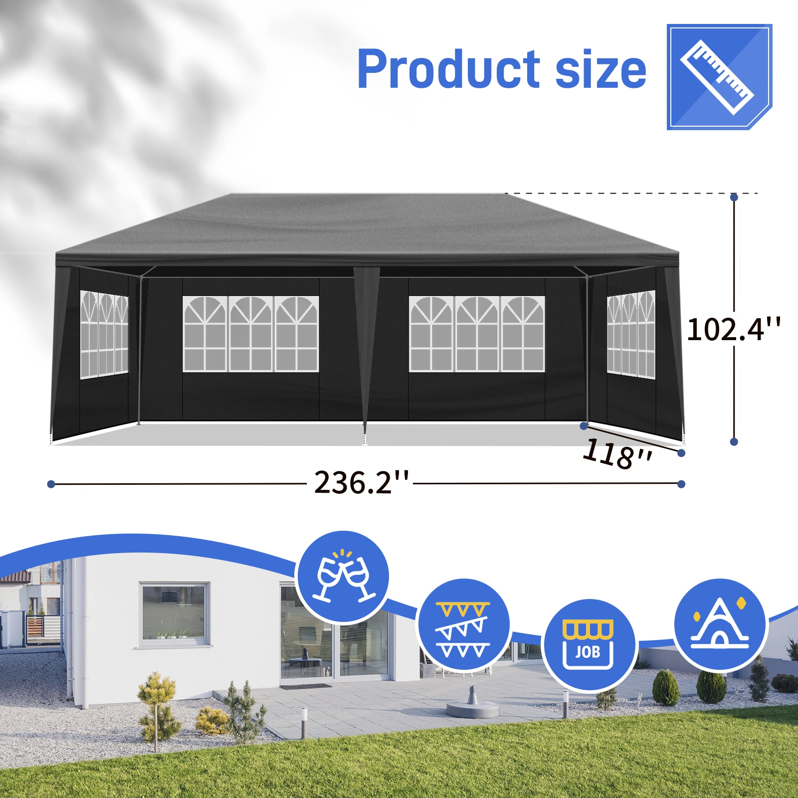 10x20 Outdoor Party Tent with 6 Removable Sidewalls - Waterproof Gazebo Canopy for Patio Wedding Event, Black view 9