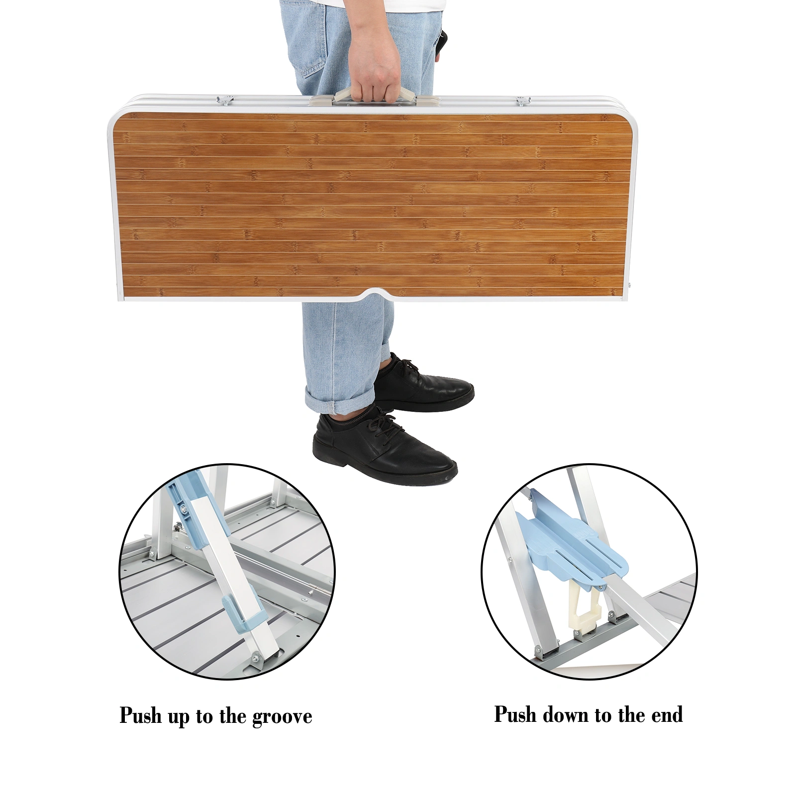 Aluminum Alloy Camping Table and Chairs Set, 136x85.5x67cm, Wood Grain Finish, 50kg Capacity, Portable One-Piece Outdoor Furniture
