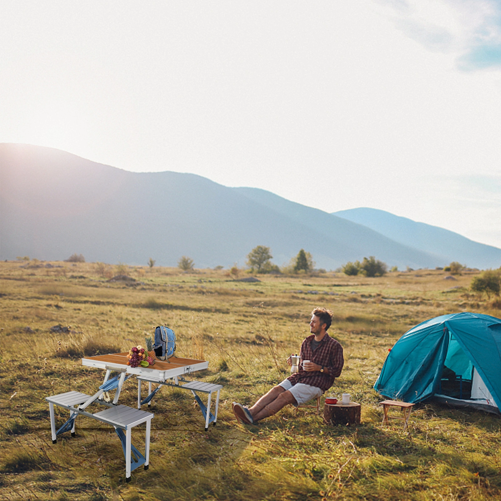 Aluminum Alloy Camping Table and Chairs Set, 136x85.5x67cm, Wood Grain Finish, 50kg Capacity, Portable One-Piece Outdoor Furniture view 20