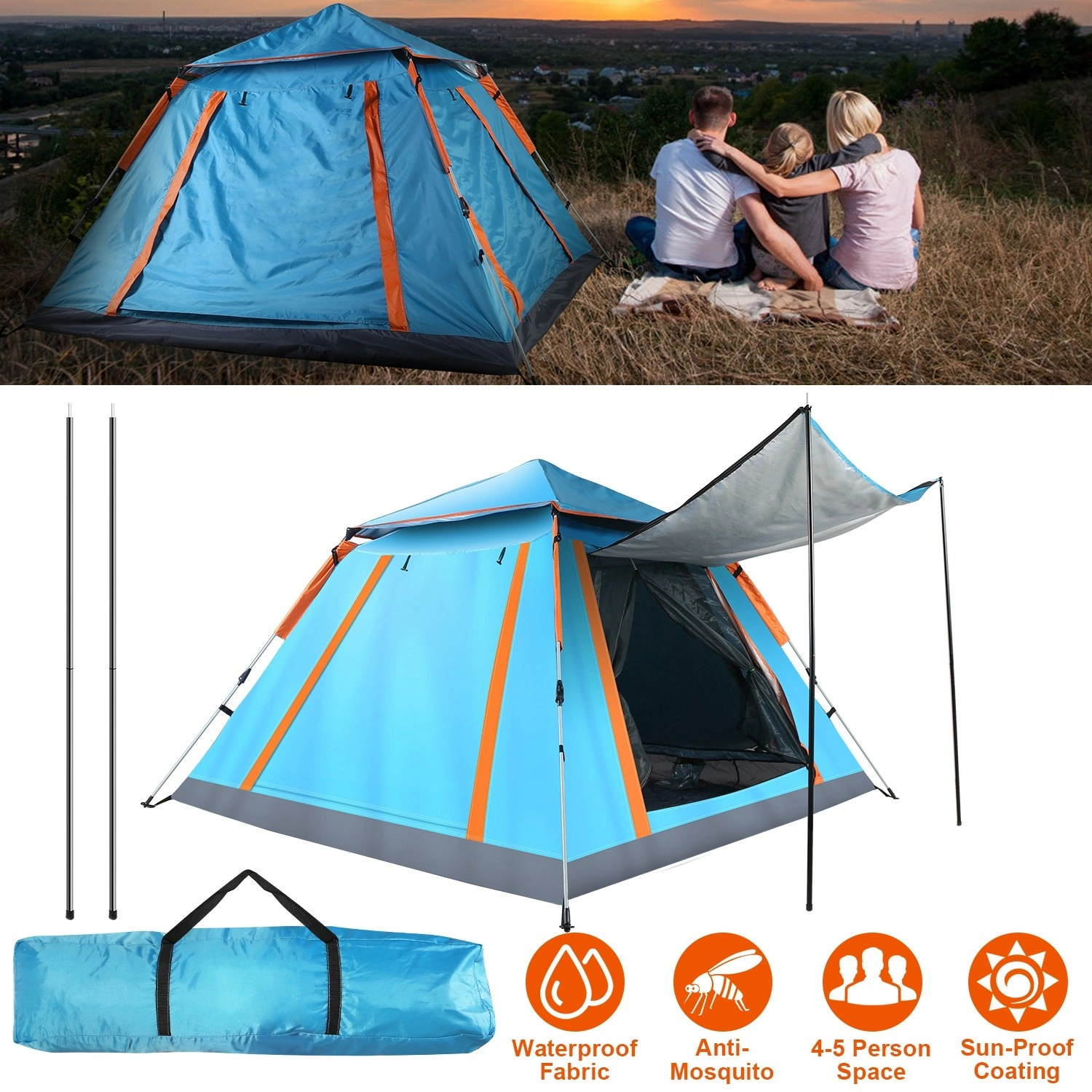 4-5 Person Pop-Up Camping Tent - Instant Setup Family Tent with 2 Mosquito Net Windows, Portable Waterproof Windproof Hiking Backpacking Outdoor, Blue