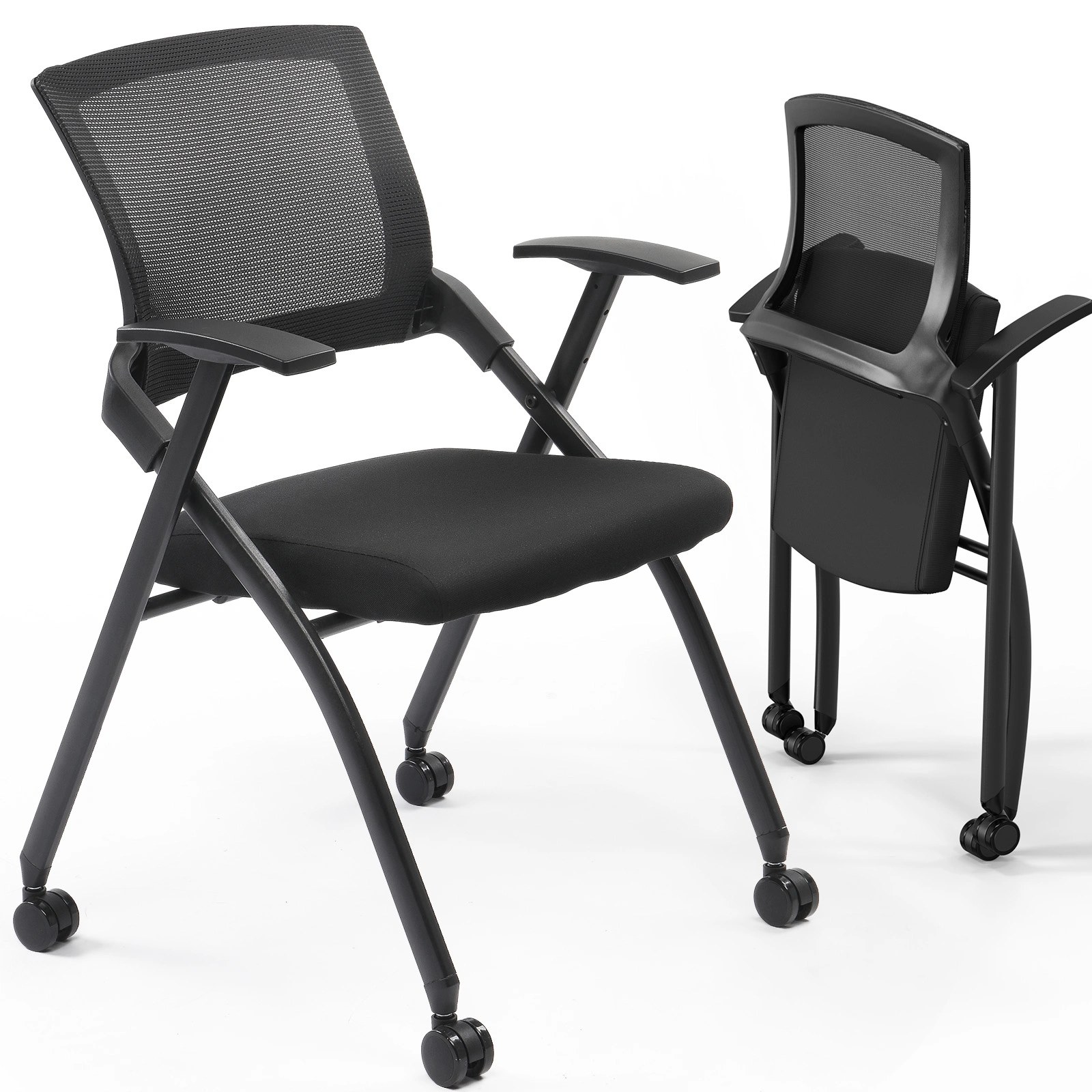 2 Pack Stackable Folding Office Chairs with Wheels, Rebound Back & Padded Seat, 350lb Cap, Conference Guest Reception Event Chair, Black