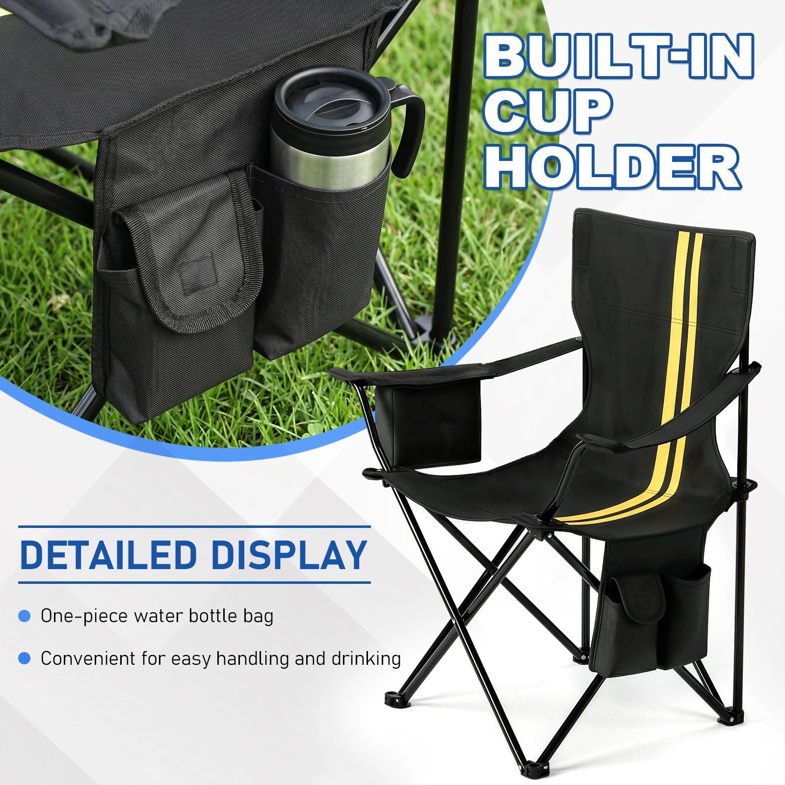 Folding Camping Chair with Cooler Bag, 350LBS Heavy Duty Portable Outdoor Chair w/ Cup Holder, Side Pocket & Carry Bag, 33.7x20.5x33.5 Inch, Black with Yellow Stripes, Beach Picnic Fishing view 11