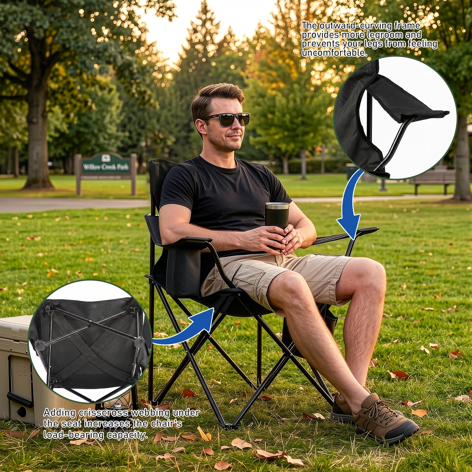 Folding Camping Chair with Cooler Bag, 350LBS Heavy Duty Portable Outdoor Chair w/ Cup Holder, Side Pocket & Carry Bag, 33.7x20.5x33.5 Inch, Black with Yellow Stripes, Beach Picnic Fishing view 15