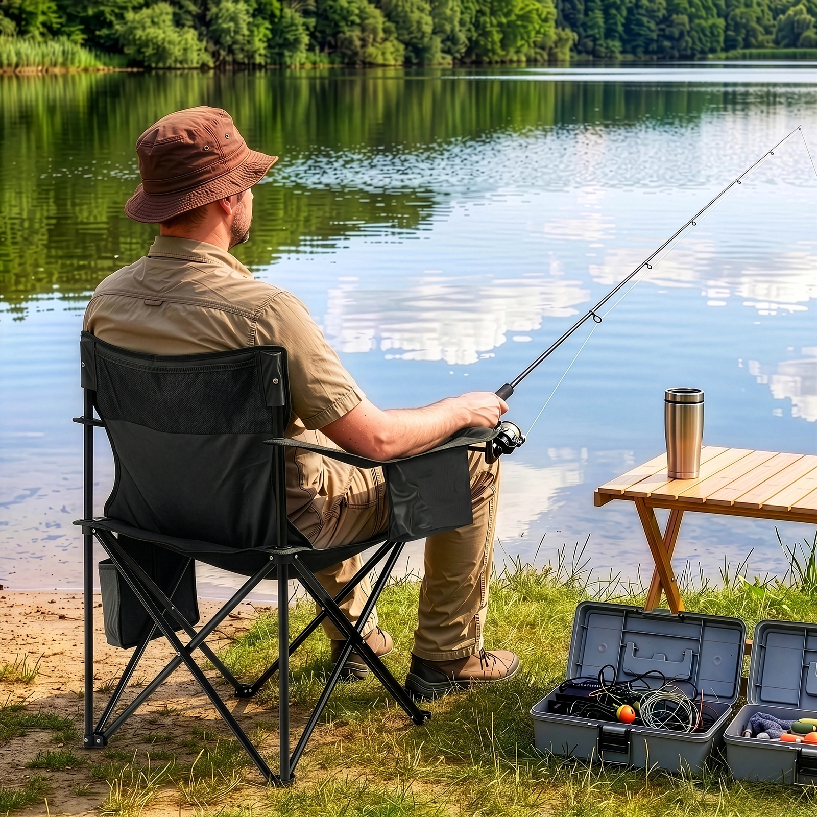 Folding Camping Chair with Cooler Bag, 350LBS Heavy Duty Portable Outdoor Chair w/ Cup Holder, Side Pocket & Carry Bag, 33.7x20.5x33.5 Inch, Black with Yellow Stripes, Beach Picnic Fishing view 19
