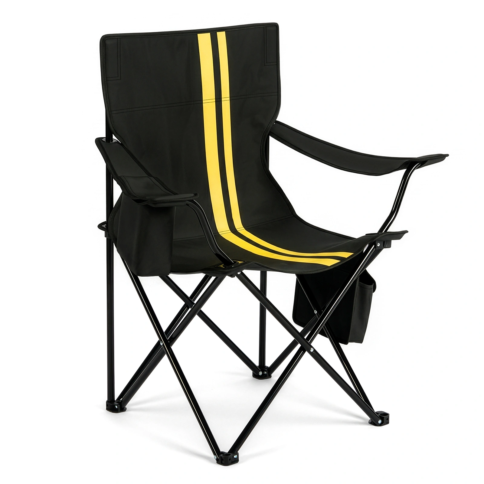 Folding Camping Chair with Cooler Bag, 350LBS Heavy Duty Portable Outdoor Chair w/ Cup Holder, Side Pocket & Carry Bag, 33.7x20.5x33.5 Inch, Black with Yellow Stripes, Beach Picnic Fishing view 2