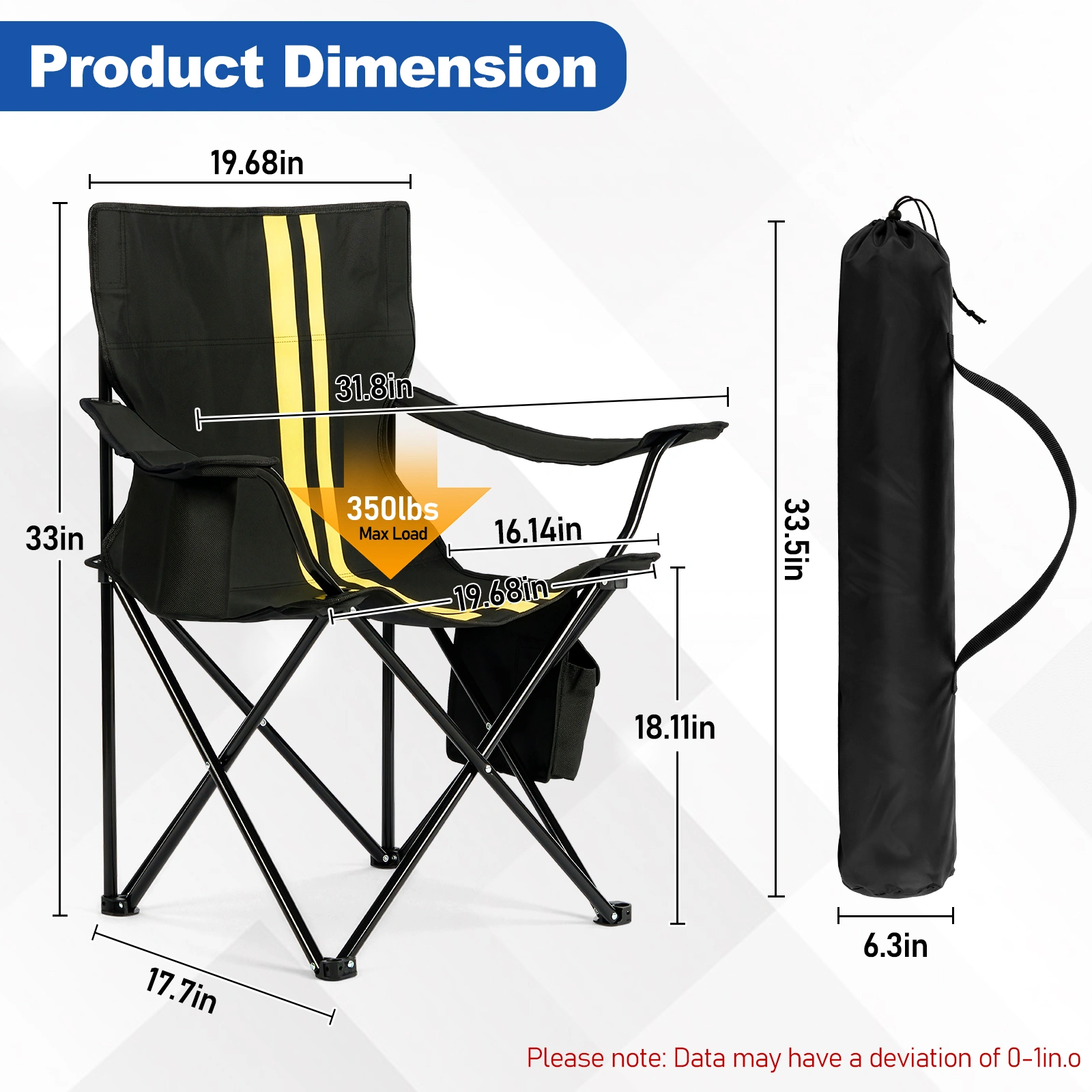 Folding Camping Chair with Cooler Bag, 350LBS Heavy Duty Portable Outdoor Chair w/ Cup Holder, Side Pocket & Carry Bag, 33.7x20.5x33.5 Inch, Black with Yellow Stripes, Beach Picnic Fishing view 5