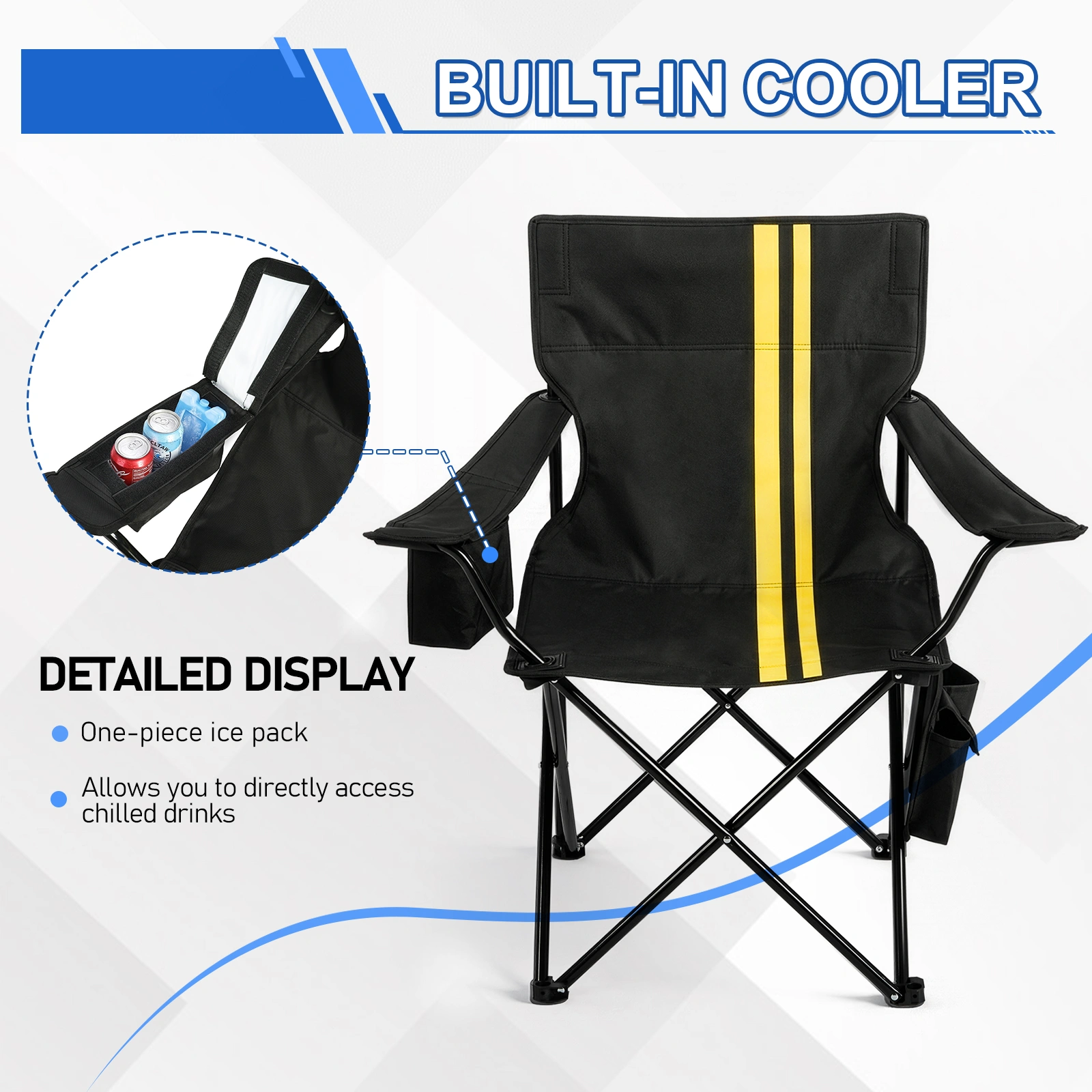 Folding Camping Chair with Cooler Bag, 350LBS Heavy Duty Portable Outdoor Chair w/ Cup Holder, Side Pocket & Carry Bag, 33.7x20.5x33.5 Inch, Black with Yellow Stripes, Beach Picnic Fishing view 6