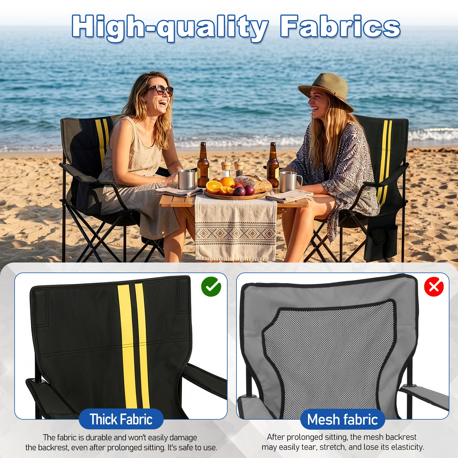 Folding Camping Chair with Cooler Bag, 350LBS Heavy Duty Portable Outdoor Chair w/ Cup Holder, Side Pocket & Carry Bag, 33.7x20.5x33.5 Inch, Black with Yellow Stripes, Beach Picnic Fishing view 8