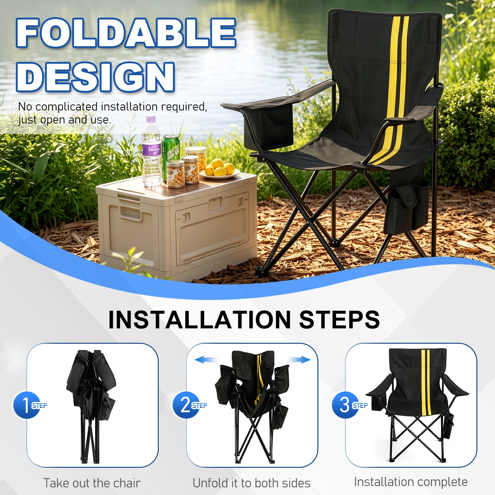 Folding Camping Chair with Cooler Bag, 350LBS Heavy Duty Portable Outdoor Chair w/ Cup Holder, Side Pocket & Carry Bag, 33.7x20.5x33.5 Inch, Black with Yellow Stripes, Beach Picnic Fishing view 9