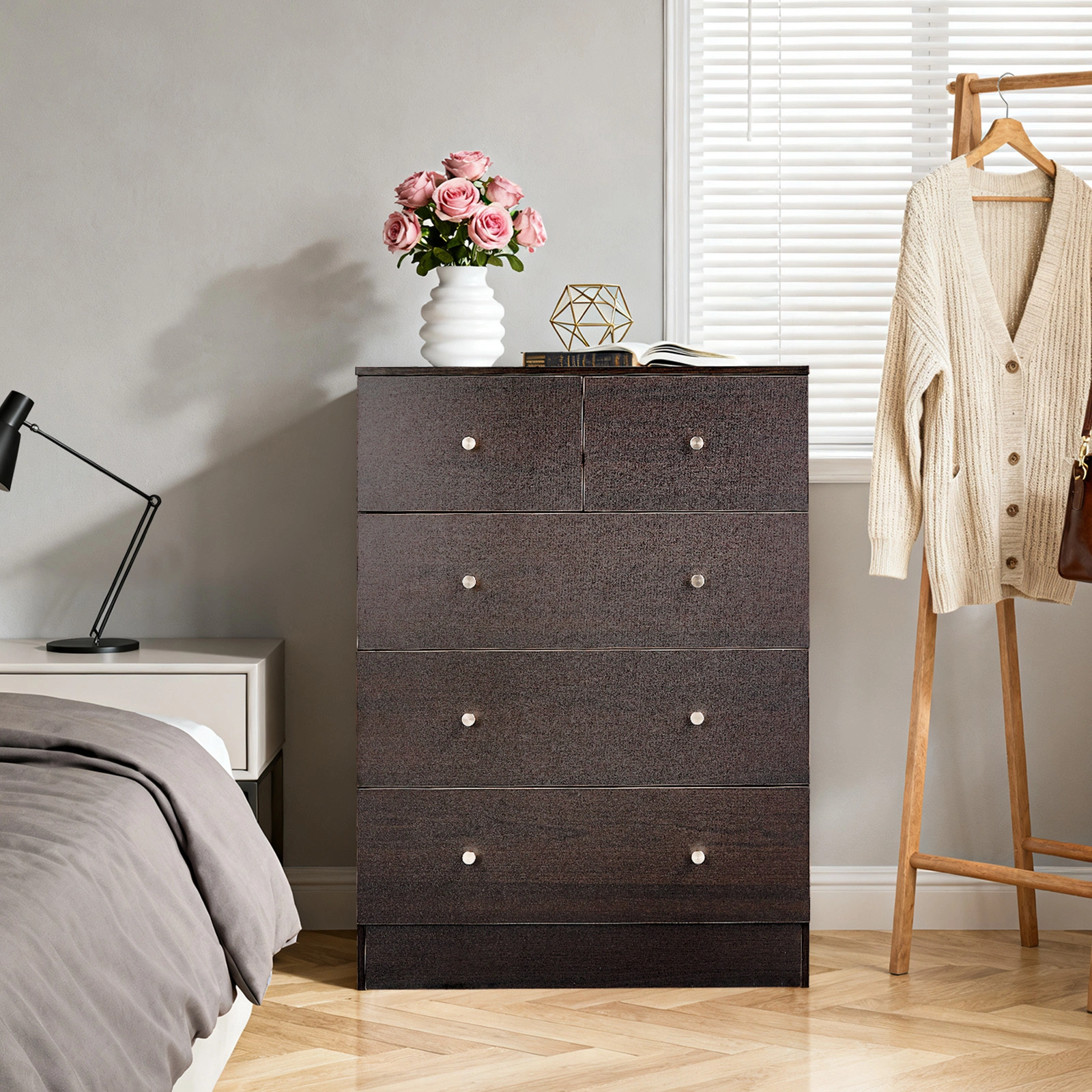 Brown Chest of Drawers 66x40x91cm, 5-Drawer Storage Cabinet with Melamine Laminate Finish & Matte Gold Handles for Bedroom