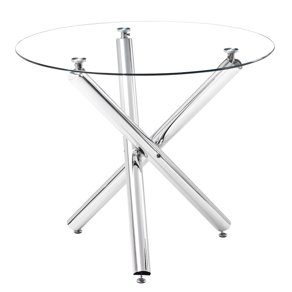 90x90x75cm Round Glass Dining Table, Clear Tempered Glass Top with Cross Base Design, Modern Kitchen Breakfast Table