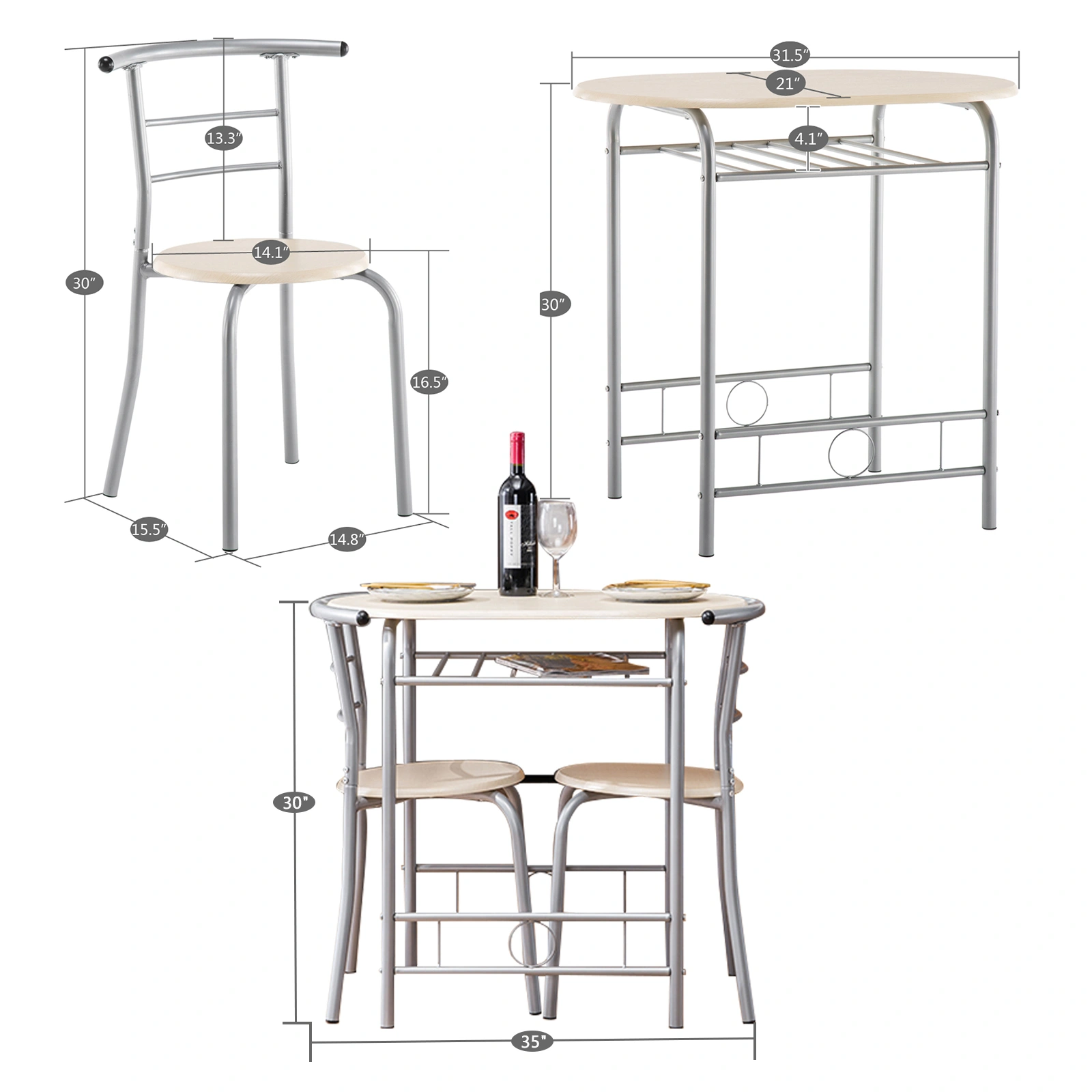 Natural PVC Dining Set, 1 Breakfast Table & 2 Chairs, Outdoor Patio Table Set view 10