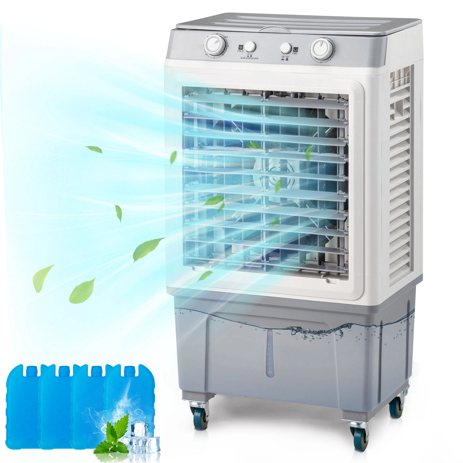 3-in-1 Portable Evaporative Cooler, 2353 CFM Personal Air Conditioner, 7.9 Gal Tank, 4 Ice Packs, Casters, White Manual Control