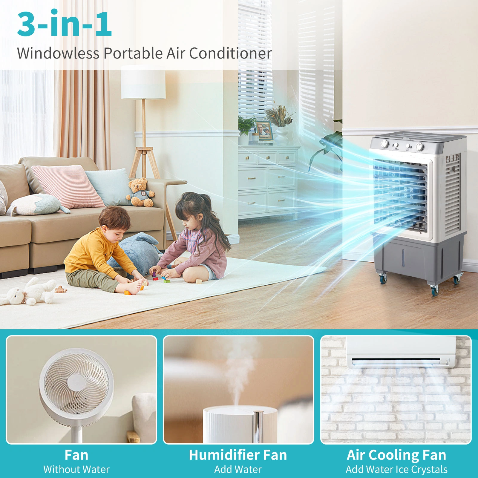 3-in-1 Portable Evaporative Cooler, 2353 CFM Personal Air Conditioner, 7.9 Gal Tank, 4 Ice Packs, Casters, White Manual Control view 3