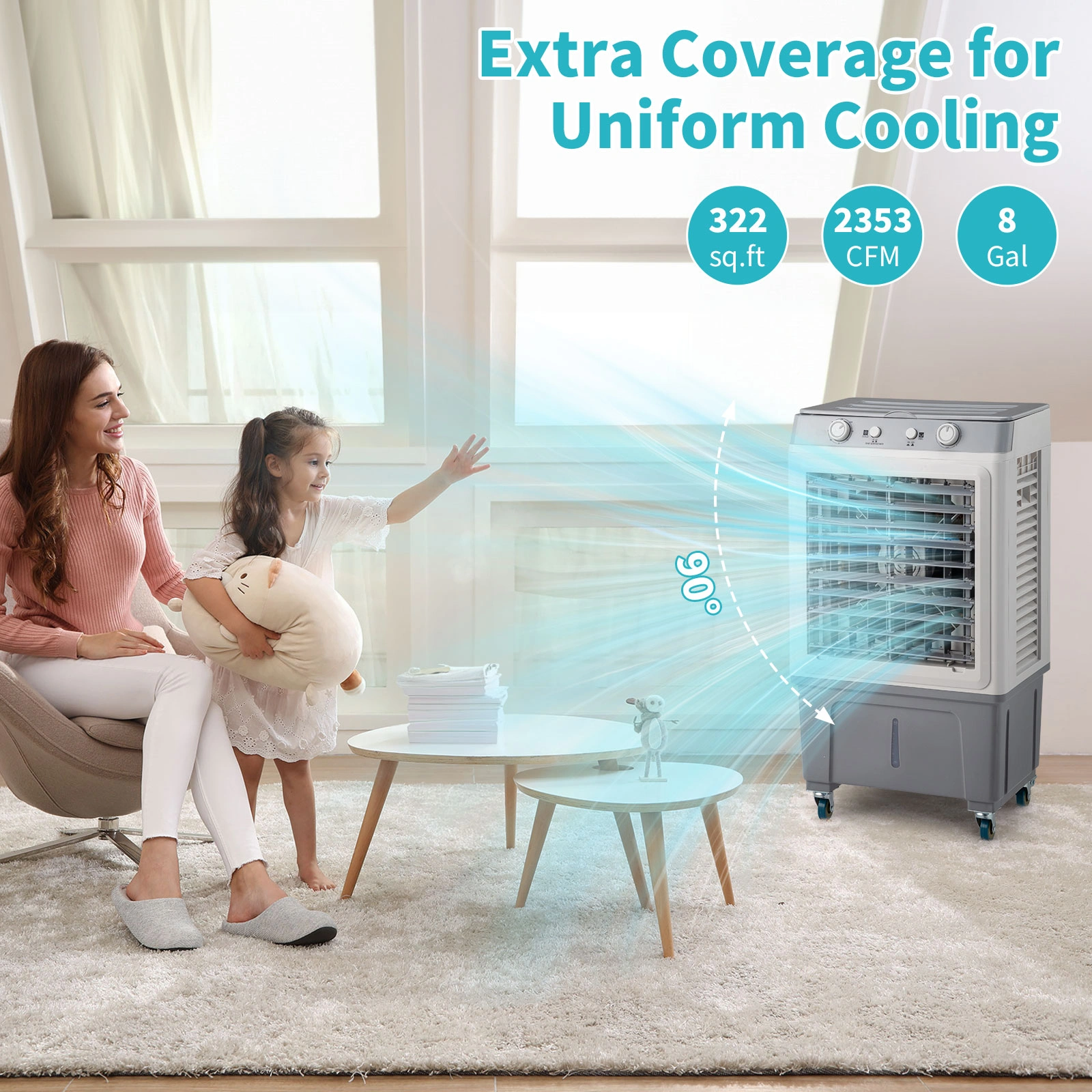 3-in-1 Portable Evaporative Cooler, 2353 CFM Personal Air Conditioner, 7.9 Gal Tank, 4 Ice Packs, Casters, White Manual Control view 5
