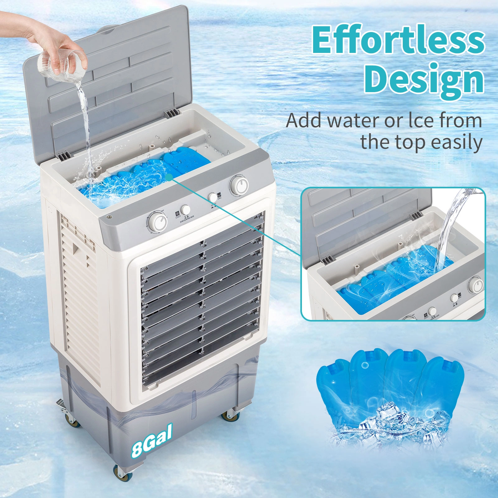 3-in-1 Portable Evaporative Cooler, 2353 CFM Personal Air Conditioner, 7.9 Gal Tank, 4 Ice Packs, Casters, White Manual Control view 6