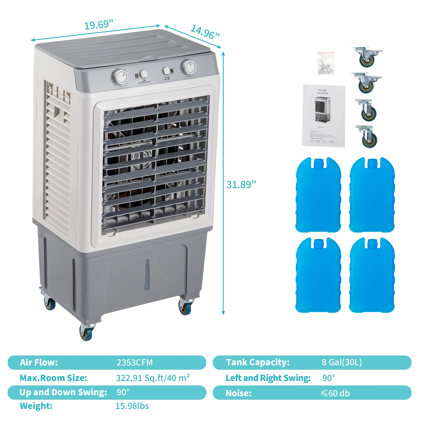 3-in-1 Portable Evaporative Cooler, 2353 CFM Personal Air Conditioner, 7.9 Gal Tank, 4 Ice Packs, Casters, White Manual Control view 7