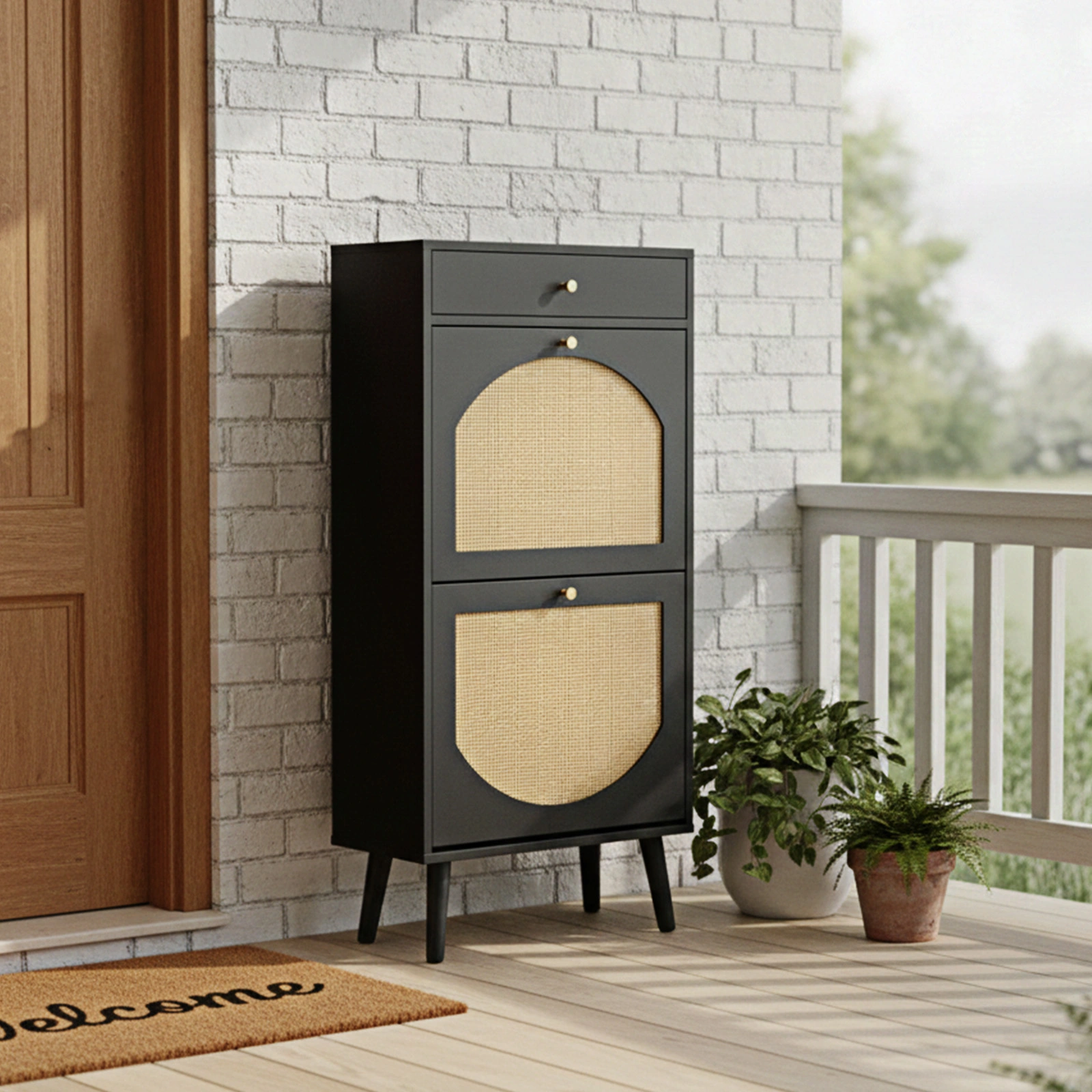 Rattan Front Shoe Cabinet 1 Drawer 2 Flip-Down Compartments Particleboard Shoe Storage 54x24x110cm Black