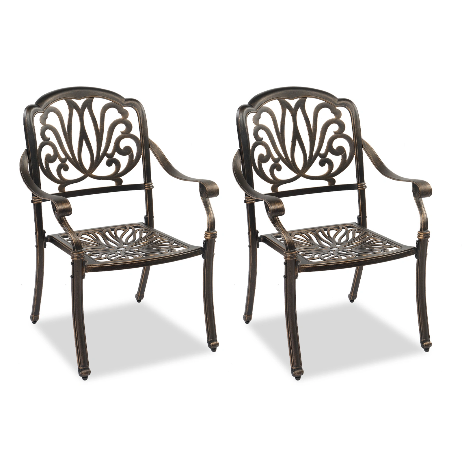 Set of 2 Cast Aluminum Patio Dining Chairs, Stackable Outdoor Bistro Chairs with Armrests, Antique Bronze, No Cushions, for Balcony Garden Deck