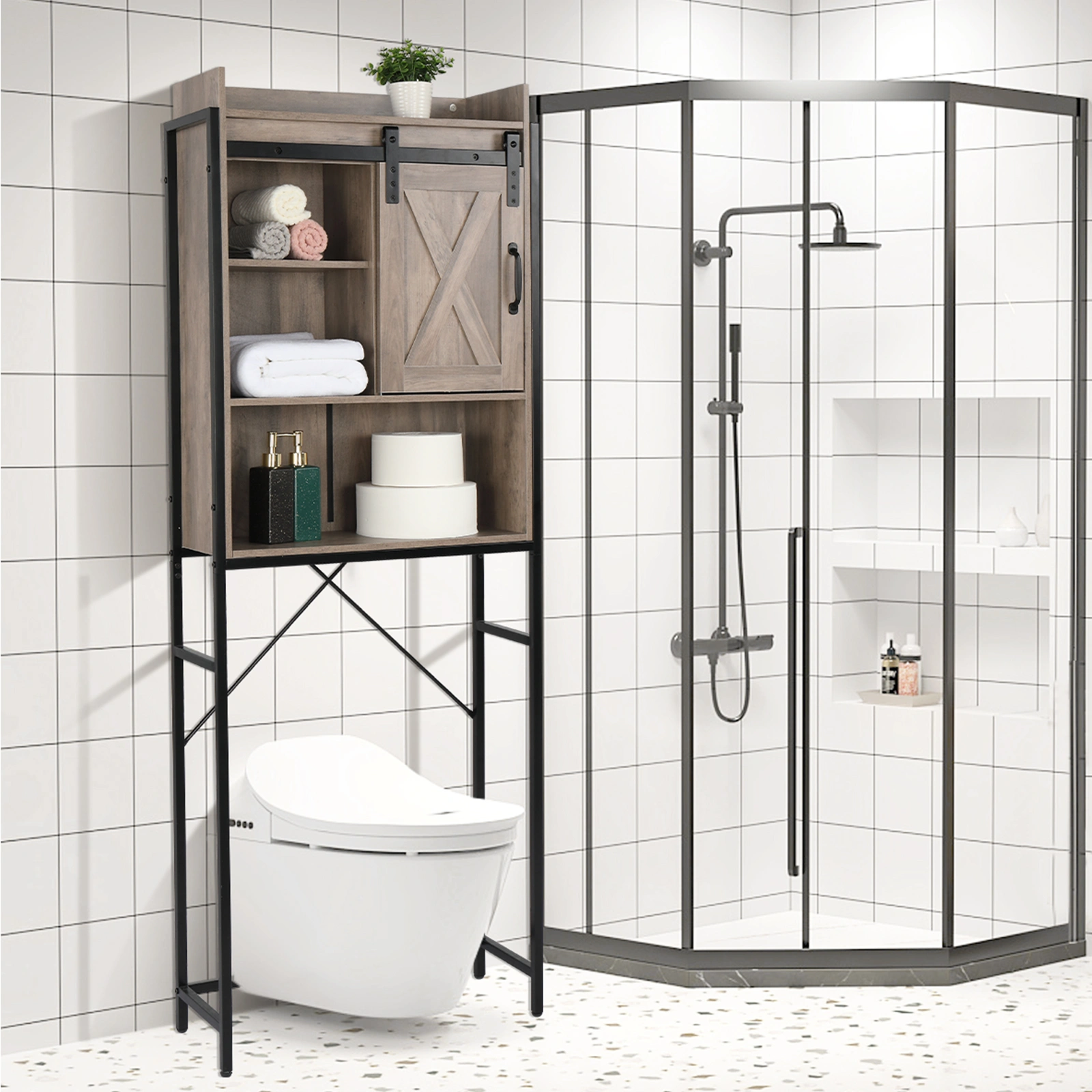 Retro MDF Bathroom Cabinet with Iron Frame Sliding Door - Three-Layer Storage Rack