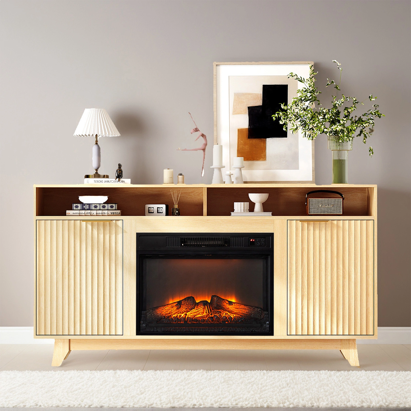 Oak Fireplace TV Stand with 23" Insert, Double Grid Doors, Gold Handles, 2 Shelves, Media Console 58 x 13.6 x 32 Inch