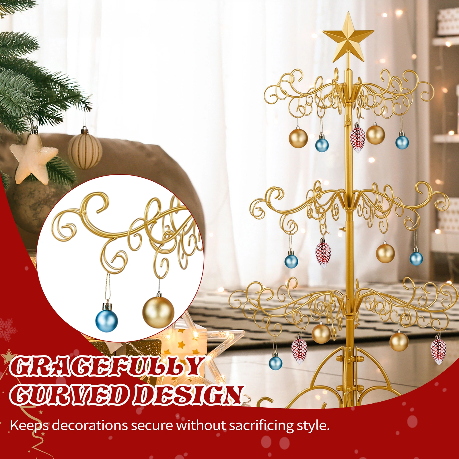 3ft Wrought Iron Christmas Tree Stand, Metal Ornament Display Hanger for Indoor Outdoor Holiday Decor, Gold view 10